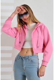 21652 KADIN 3 İP PENYE COMP. ŞARD. METAL FERMUARLI KAPŞONLU KANG CEPLİ GENİŞ SALAŞ KISA METAL FERM  SWEATSHIRT