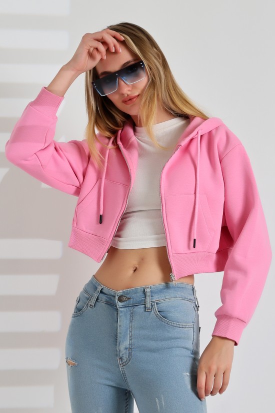 21652 KADIN 3 İP PENYE COMP. ŞARD. METAL FERMUARLI KAPŞONLU KANG CEPLİ GENİŞ SALAŞ KISA METAL FERM  SWETSHIRT