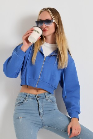 21652 KADIN 3 İP PENYE COMP. ŞARD. METAL FERMUARLI KAPŞONLU KANG CEPLİ GENİŞ SALAŞ KISA METAL FERM  SWEATSHIRT