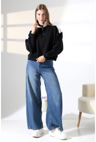 21963 KADIN 3 İP FERMUARLI KAMYONÖR GÖMLEK YAKA OMUZLARI VE YAKA GARNİLİ SALAŞ YANLARI KUPLU GENİŞ SWEATSHIRT