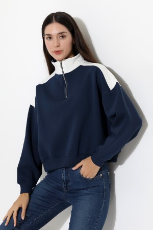 21963 KADIN 3 İP FERMUARLI KAMYONÖR GÖMLEK YAKA OMUZLARI VE YAKA GARNİLİ SALAŞ YANLARI KUPLU GENİŞ SWEATSHIRT