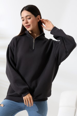 21622 KADIN METAL FERMUARLI KAMYONCU YAKA  PENYE KOMPAKT ŞARD.3 İP  SALAŞ OVERSİZE SWEATSHIRT