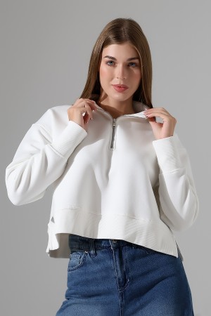 21967 KADIN 3 İP DİKYAKA KAMYON YARIM FERMUAR ETEK KAŞGORSESİ YIRTMAÇLI GENİŞ SWEATSHIRT