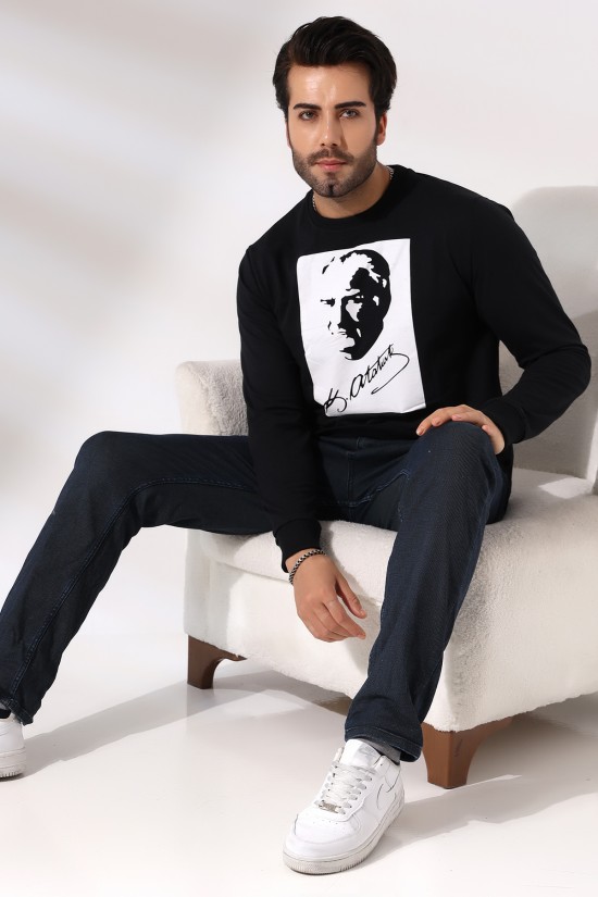 19157 K. ATATÜRK  BASKILI BİSİKLET YAKA 2 İP ERKEK SWETSHİRT 