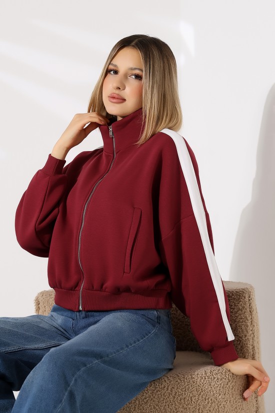 21954  KADIN 3 İP PENYE COMP. ŞARD.KOLLARI MİKROŞERİTLİ BOYDAN METAL FERMUARLI HAKİM YAKA FLOTA CEPLİ GENİŞ SALAŞ SWEATSHIRT