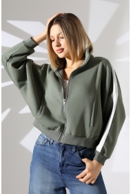 21954  KADIN 3 İP PENYE COMP. ŞARD.KOLLARI MİKROŞERİTLİ BOYDAN METAL FERMUARLI HAKİM YAKA FLOTA CEPLİ GENİŞ SALAŞ SWEATSHIRT