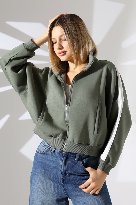 21954  KADIN 3 İP PENYE COMP. ŞARD.KOLLARI MİKROŞERİTLİ BOYDAN METAL FERMUARLI HAKİM YAKA FLOTA CEPLİ GENİŞ SALAŞ SWEATSHIRT