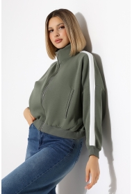 21954  KADIN 3 İP PENYE COMP. ŞARD.KOLLARI MİKROŞERİTLİ BOYDAN METAL FERMUARLI HAKİM YAKA FLOTA CEPLİ GENİŞ SALAŞ SWEATSHIRT