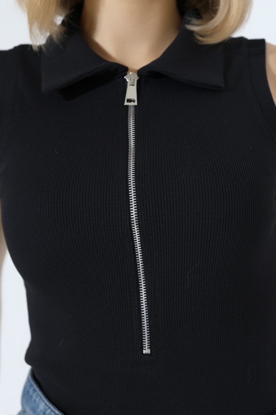 22126 KADIN GÖMLEK YAKA KISA KOL METAL FERMUARLI FULL LYC 2X2 KALIN FAYN KAŞGORSE TSHIRT 