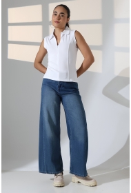 22112  KADIN GÖMLEK YAKA KOLSUZ GİZLİ FERMUARLI  FULL LYC RİBANA YANLARI KUPLU PARÇALI ETEĞİ VOLANLI TSHIRT 