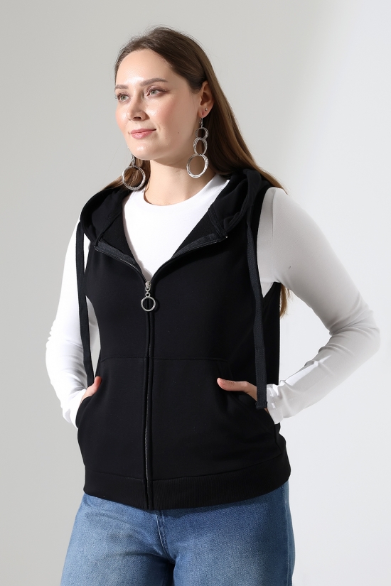 22172 KADIN DİAGONEL 3 İPLİK ŞARDONSUZ KOLSUZ KANGURU CEPLİ KAPŞONLU BOYDAN FERMUARLI HIRKA 