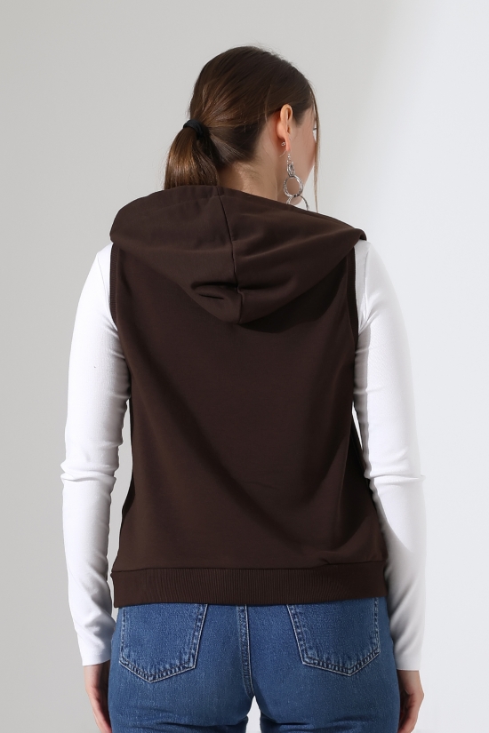 22172 KADIN DİAGONEL 3 İPLİK ŞARDONSUZ KOLSUZ KANGURU CEPLİ KAPŞONLU BOYDAN FERMUARLI HIRKA 