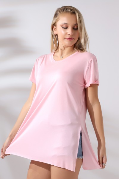 19598 KADIN KISA KOL KATLAMA. YANL YARI DİKİŞSİZ VE YIRTM.VSK BİSİKLET YAKA TUNİK TSHIRT