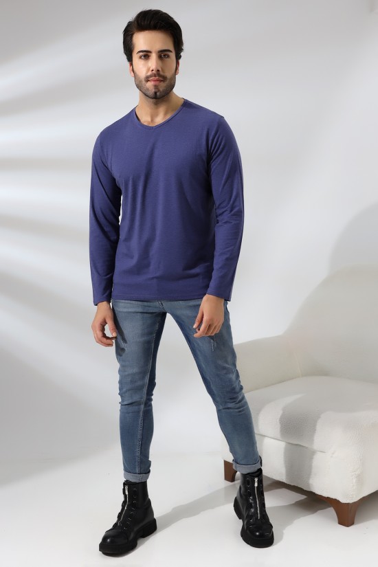 19647 ERKEK REGULAR FİT UZUN KOL V YAKA TSHIRT