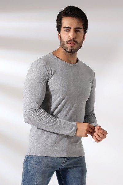 19698 ERKEK REGULAR FİT UZUN KOL PİS V YAKA TSHIRT