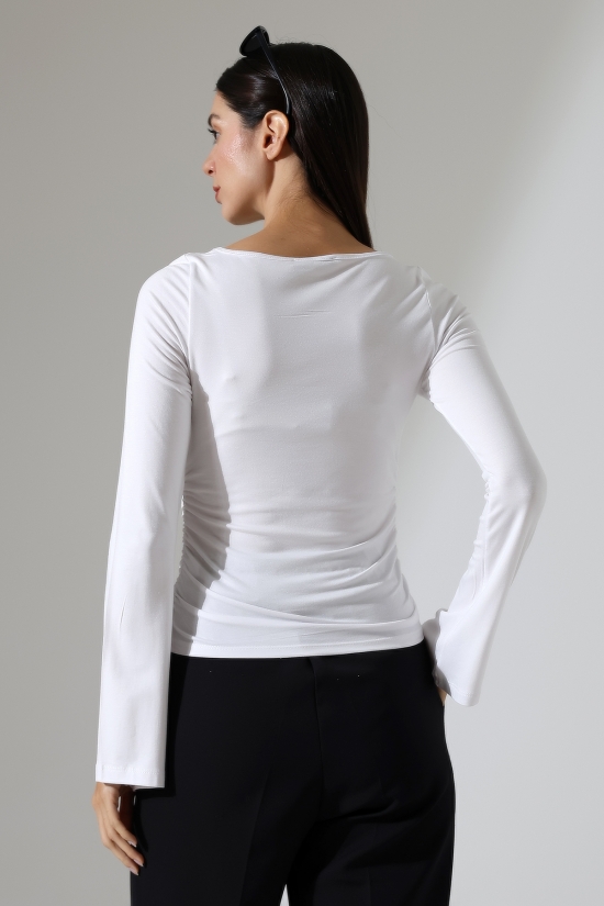 22157 KADIN KAYIK YAKA UZUN KOL UÇLARI İSPANYOL KOL  FULL LYC VİSKON YANLARI BÜZGÜLÜ BLUZ 