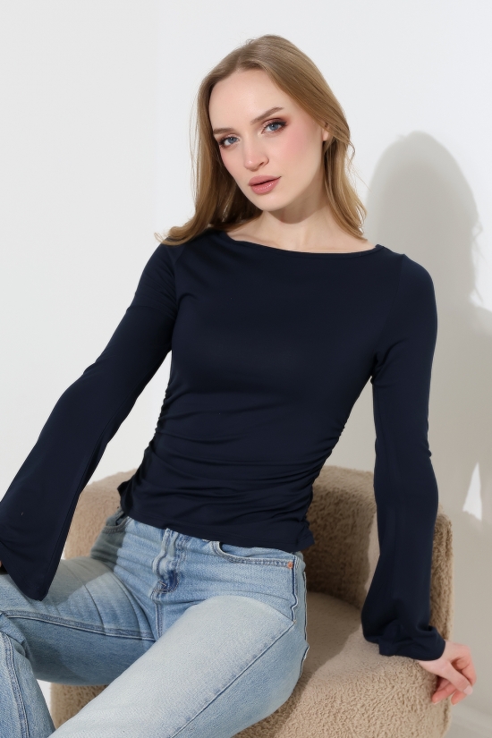 22157 KADIN KAYIK YAKA UZUN KOL UÇLARI İSPANYOL KOL  FULL LYC VİSKON YANLARI BÜZGÜLÜ BLUZ 