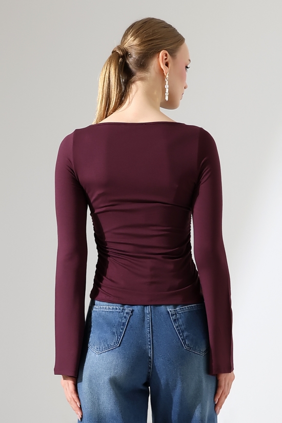 22157 KADIN KAYIK YAKA UZUN KOL UÇLARI İSPANYOL KOL  FULL LYC VİSKON YANLARI BÜZGÜLÜ BLUZ 