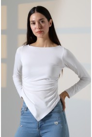 22017 KADIN KAYIK YAKA UZUN KOL YANLARI BÜZGÜLÜ VE ÖNÜ ASİMETRİK KESİMLİ  BLUZ 