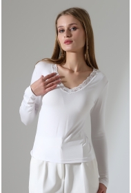 22144 KADIN V YAKASI DANTELLİ FULL LYC VORTVİSK UZUN KOL BLUZ 