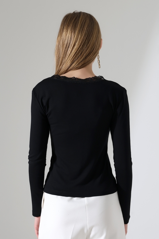 22144 KADIN V YAKASI DANTELLİ FULL LYC VORTVİSK UZUN KOL BLUZ 