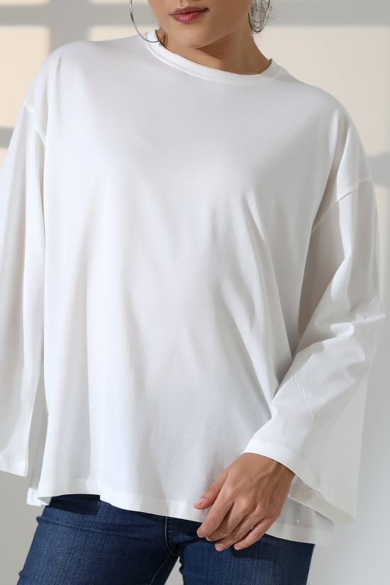 22139 KADIN UZUN KOLAĞZI GENİŞ SALAŞ OVERSİZE PAMUKLU BLUZ 