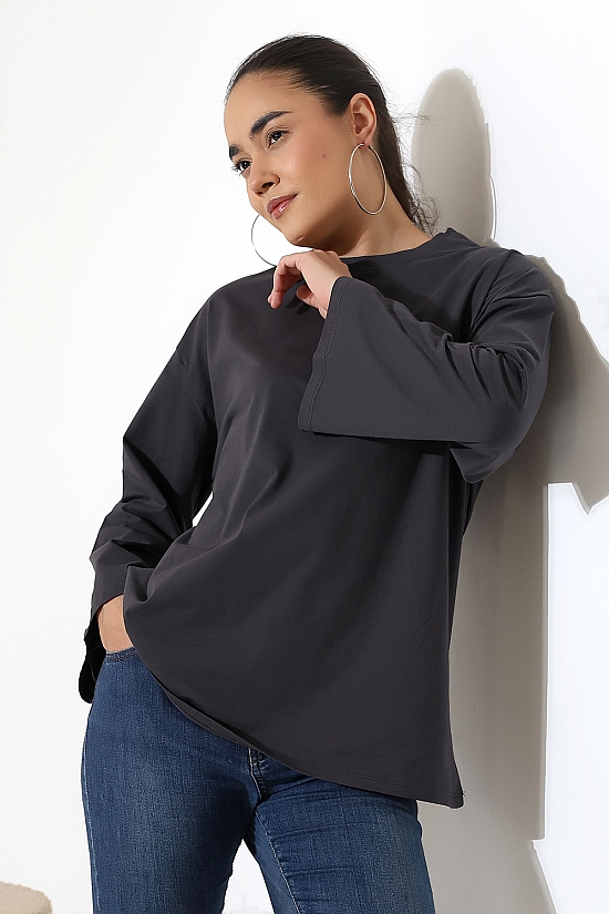 22139 KADIN UZUN KOLAĞZI GENİŞ SALAŞ OVERSİZE PAMUKLU BLUZ 