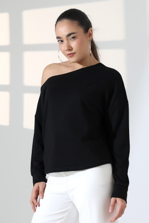 22185  KADIN KAYIK YAKA OMUZ DÜŞÜMLÜ DOUBLE FACE YUMUŞAK DOKULU UZUN KOL SWEAT-BLUZ 