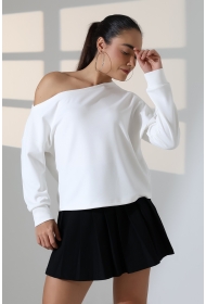 22185  KADIN KAYIK YAKA OMUZ DÜŞÜMLÜ DOUBLE FACE YUMUŞAK DOKULU UZUN KOL SWEAT-BLUZ 