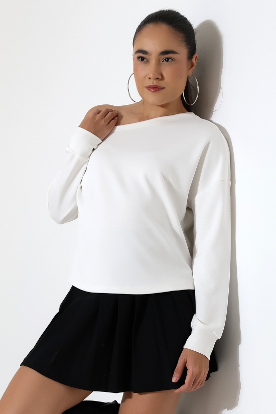 22185  KADIN KAYIK YAKA OMUZ DÜŞÜMLÜ DOUBLEFACE YUMUŞAK DOKULU UZUN KOL SWET-BLUZ 