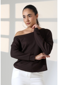 22185  KADIN KAYIK YAKA OMUZ DÜŞÜMLÜ DOUBLE FACE YUMUŞAK DOKULU UZUN KOL SWEAT-BLUZ 