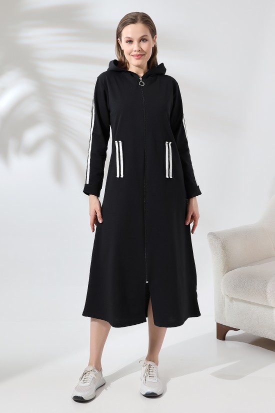 21576 BAYAN KAPŞONLU FLOTA CEPLERİ VE KOLLARI ÇİFT ÇERİTLİ BOYDAN FERMUARLI UZUN TUNİK FERMUARLI ELBİSE 21576 BAYAN KAPŞONLU FLOTA CEPLERİ VE KOLLARI ÇİFT ÇERİTLİ BOYDAN FERMUARLI UZUN TUNİK FERMUARLI ELBİSE